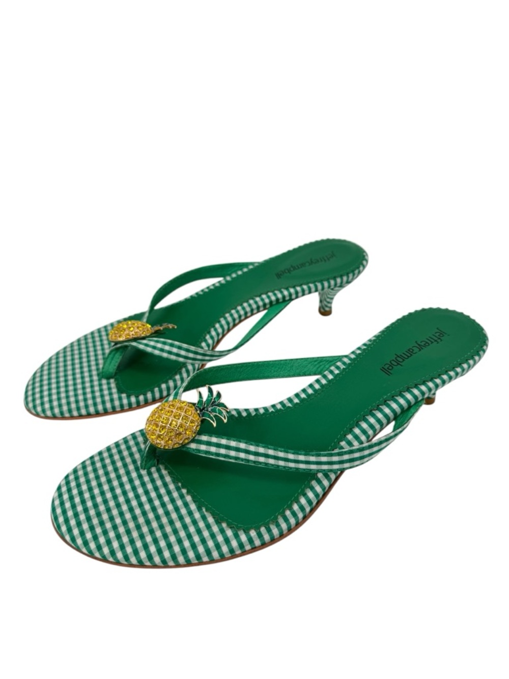 Jeffrey Campbell Pinacolada Pineapple Thong Sandal Kitten Heel Green Gingham 9.5 - Picture 3 of 7